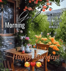 a happy monday greeting card with a table and chairs in a garden .
