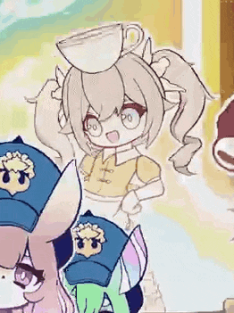a cartoon girl with a cup on her head is standing next to two other girls wearing baseball caps .