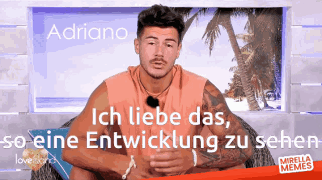 a man is sitting in a chair with the words ich liebe das written above him