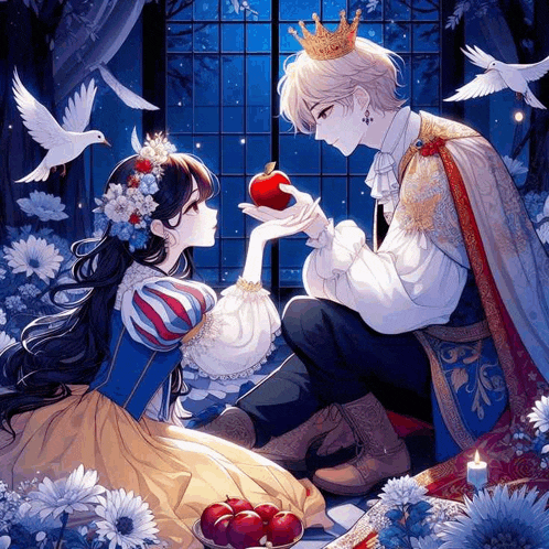 a boy in a crown is kneeling down next to a girl in a white dress