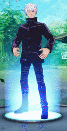 a man with white hair is standing on a blue circle