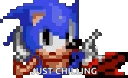 a pixel art of sonic the hedgehog with the words `` just chilling '' written below him .