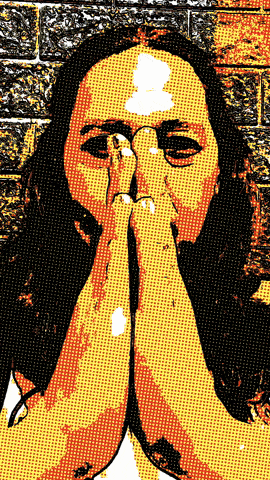 a drawing of a woman covering her face with her hands in front of a brick wall