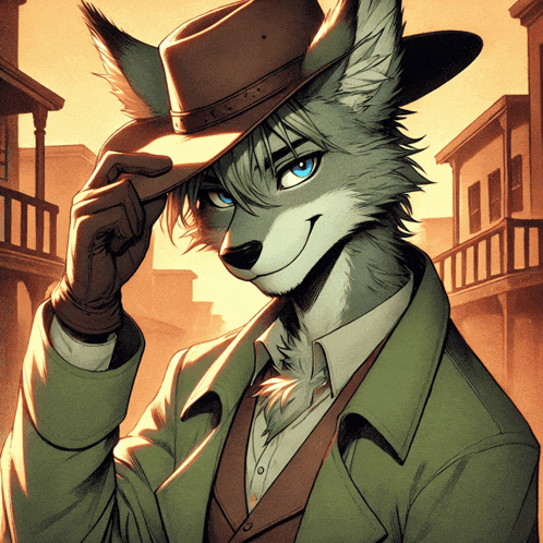 a furry fox wearing a cowboy hat and a green coat