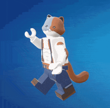 a lego cat with a white shirt and suspenders is standing in front of a blue background