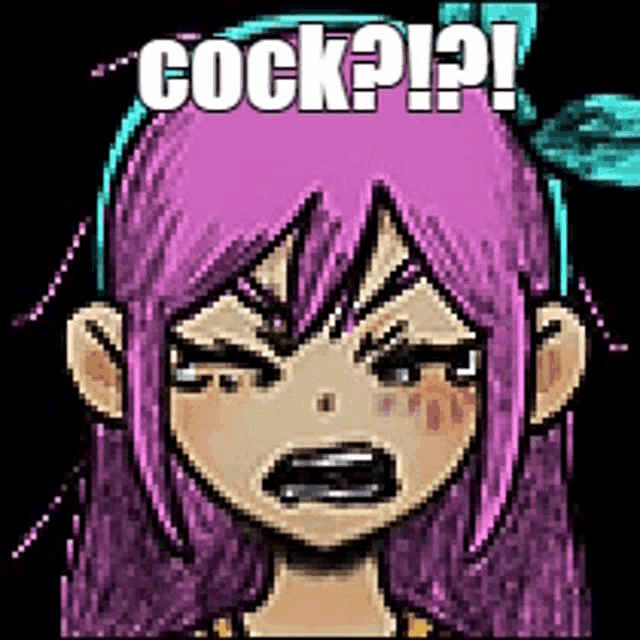 a cartoon girl with purple hair is making a funny face and says cock ? ! ? !