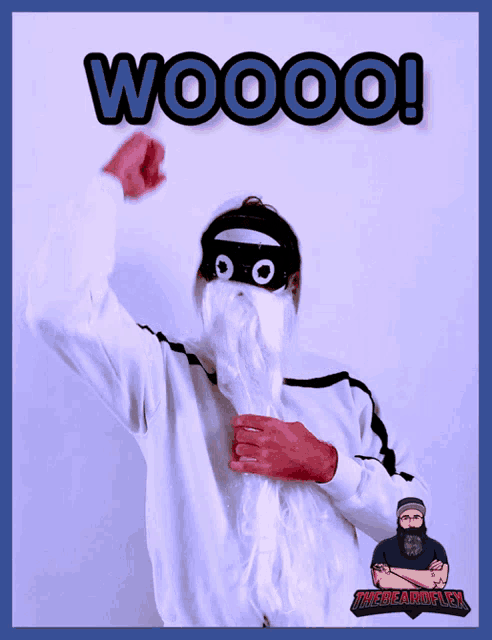 a man wearing a mask and a beard with the word woooo on the bottom