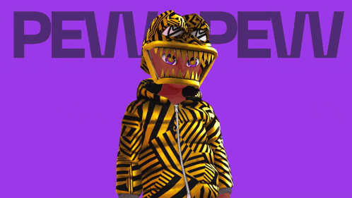 a person wearing a yellow and black striped jacket and a helmet stands in front of a purple background that says pew pew