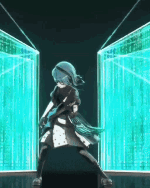 a blue haired anime girl is standing in front of a blue wall .