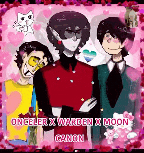 a group of three anime characters are standing next to each other on a pink background with hearts .