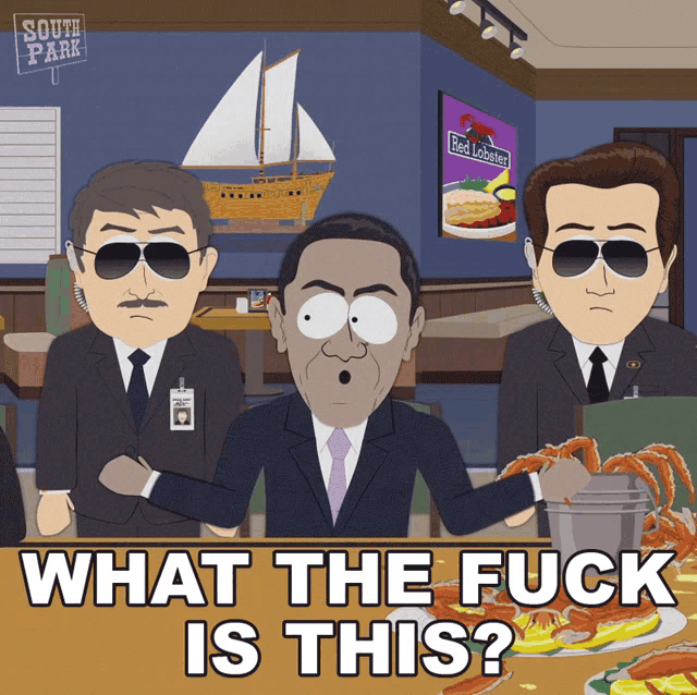 a south park cartoon shows a man holding a bucket of crabs