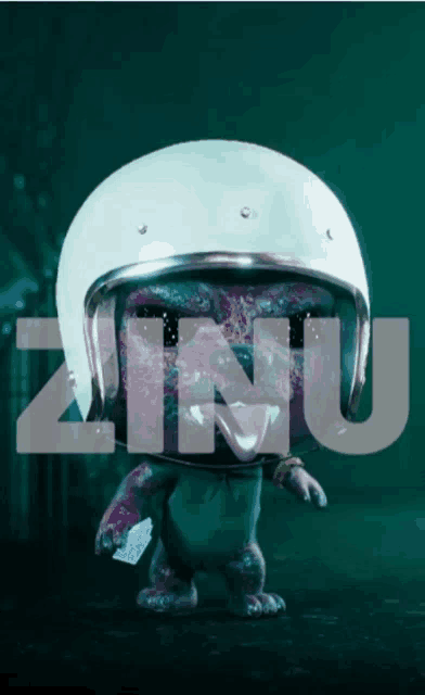 a cartoon character wearing a white helmet with the word zinu on the bottom