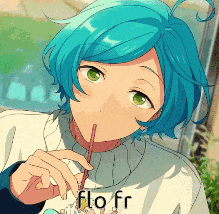 a girl with blue hair and green eyes is drinking through a straw with the word flo fr written on the bottom