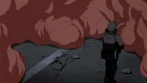 a man in a gas mask is holding a gun in front of smoke coming out of a hole in the ground