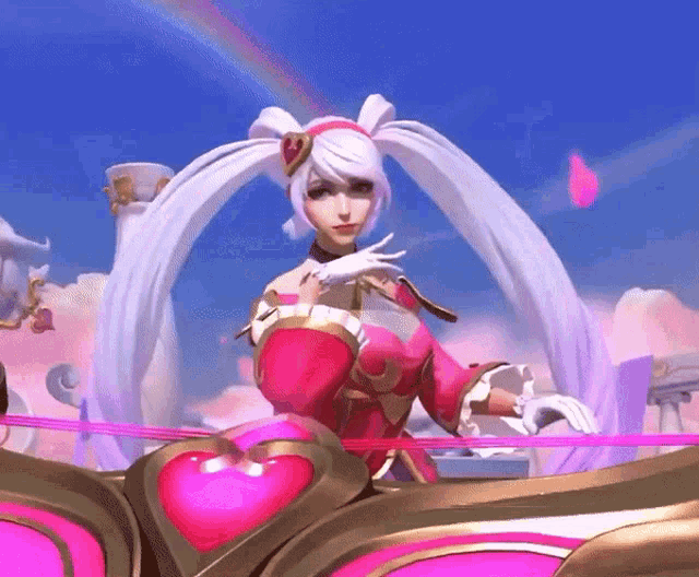 a woman in a pink dress is standing in front of a heart