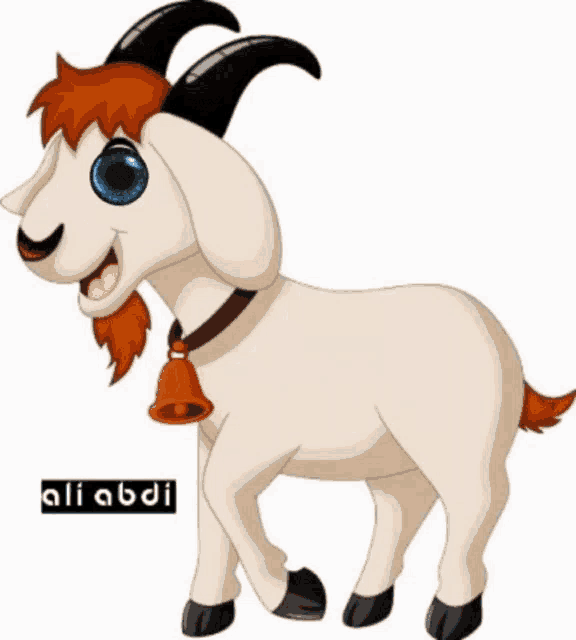 a cartoon goat wearing a bell around its neck is smiling