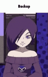 a cartoon girl with purple hair is smiling and wearing a purple sweater with a heart on it .