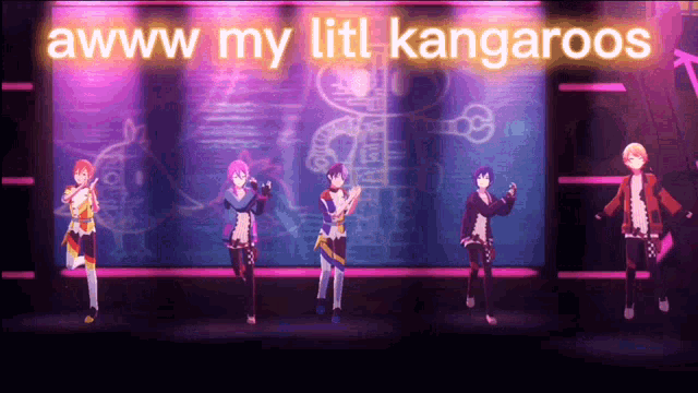 a group of people dancing on a stage with the words " awww my litl kangaroos " behind them