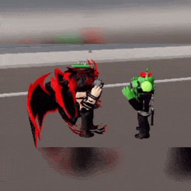 a video game character is standing next to another character with a green head .