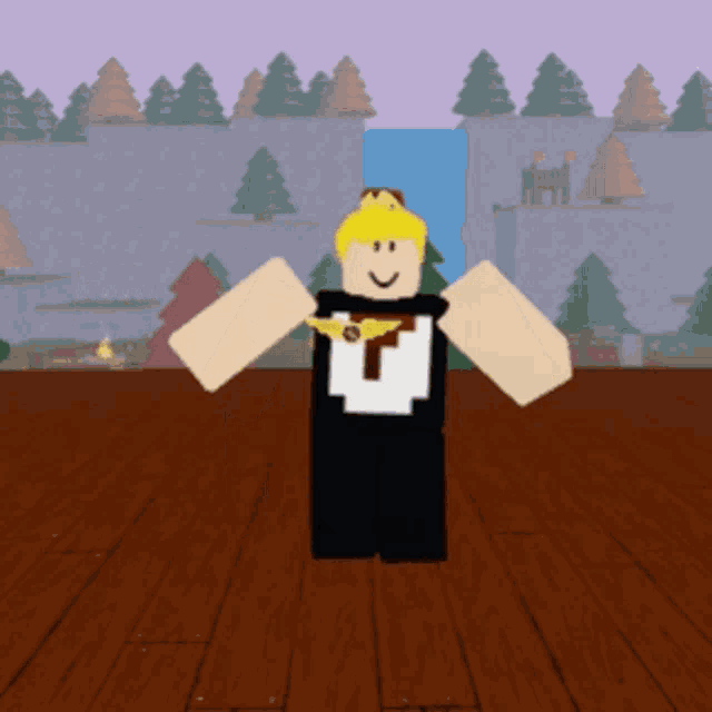 a cartoon character wearing a black shirt with the letter u on it is standing on a wooden floor