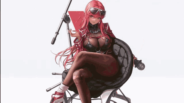 a woman with red hair and sunglasses is sitting on a chair