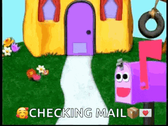 a cartoon of a house with a purple door and a purple mailbox .