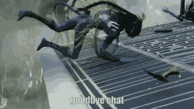 a man in a blue suit is crawling on the ground with the words goodbye chat written on the bottom