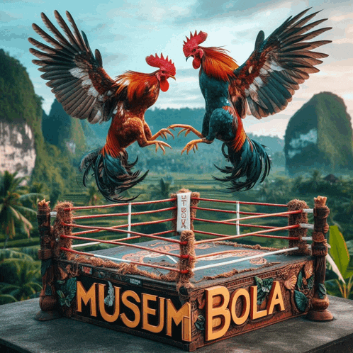 two roosters are fighting in a museum bola ring