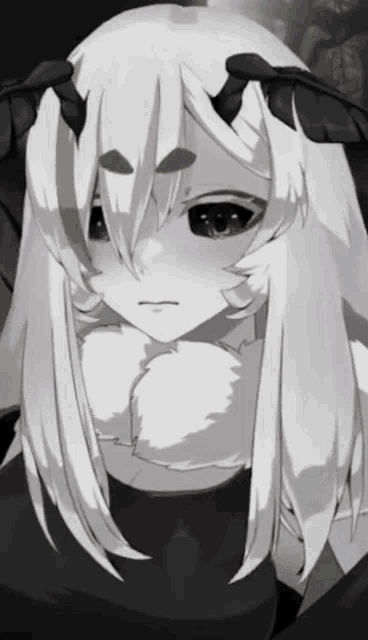 a black and white drawing of a girl with horns on her head