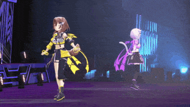 two anime girls are dancing on a stage and one has a cat tail on her back