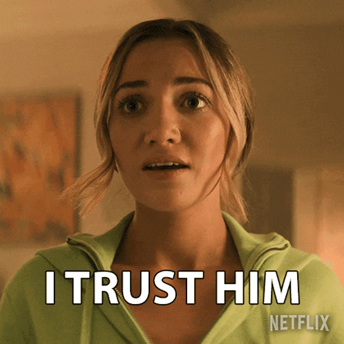 a woman says " i trust him " while wearing a green hoodie