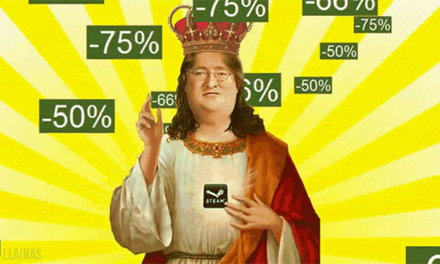 a man with a crown on his head holds a steam logo