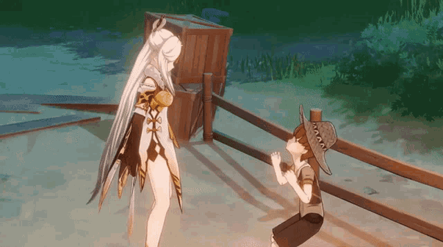 a girl and a boy are standing next to a wooden fence in a video game .