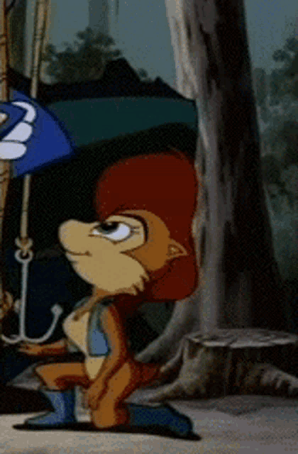 a cartoon character is holding a blue umbrella in a forest