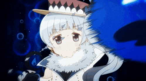 a girl with white hair wearing a hat and a fur coat