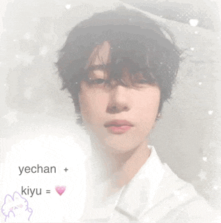 a picture of a young man with the words yechan + kyu written below him