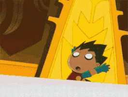 a cartoon character with a surprised look on his face is on a slide