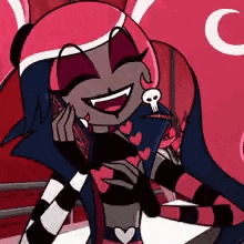 a cartoon character with pink hair and a skull earring is smiling while holding a heart .