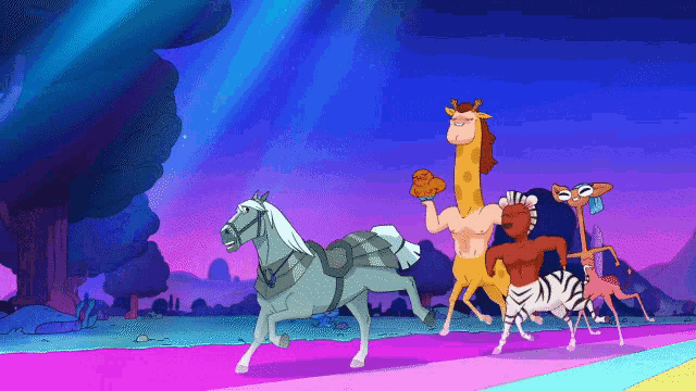 a group of cartoon animals including giraffes and zebras are running on a rainbow road