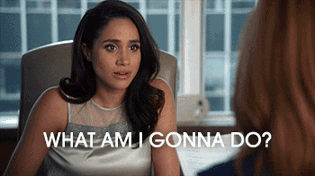 a woman sitting in a chair with the words " what am i gonna do " written on the bottom