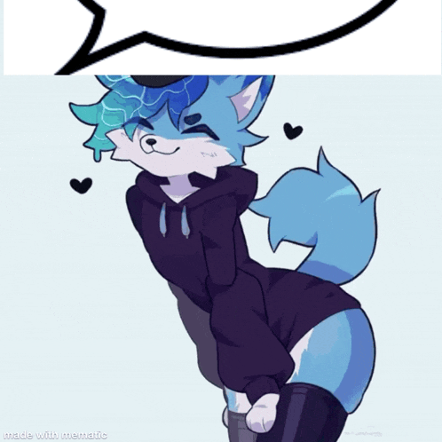 a drawing of a blue furry wearing a black hoodie and black knee high socks