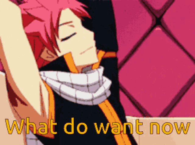 a picture of a anime character with the words what do want now