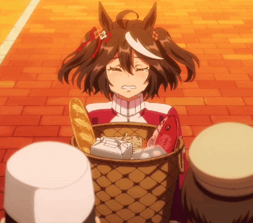 a girl with a ponytail is crying while holding a basket of food