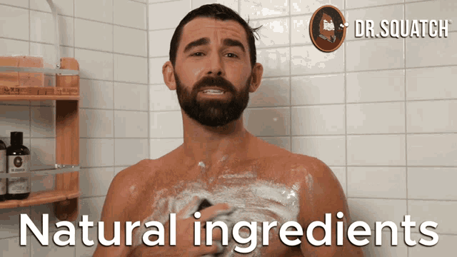 a man taking a shower with the words " natural ingredients " written on the bottom