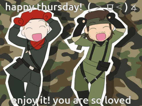 a happy thursday greeting card with two soldiers