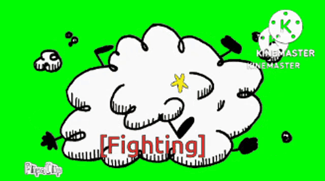 a green screen with a cartoon of a cloud and the word fighting