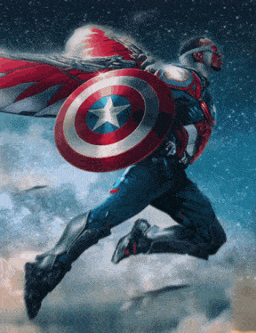 a man in a captain america costume is flying through the air