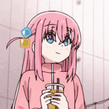 a girl with pink hair and blue eyes is holding a drink with a straw