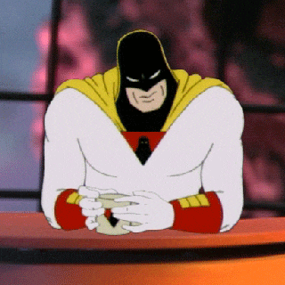 a cartoon character is sitting at a table with his hands folded in front of him