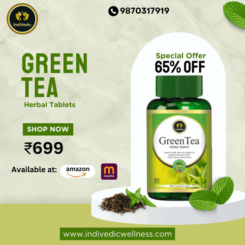 a bottle of green tea herbal tablets with a special offer of 65% off